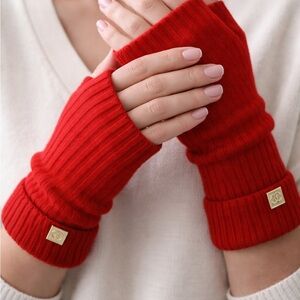 CHANEL Cashmere Red Fingerless Gloves with Silver Logo Accents
